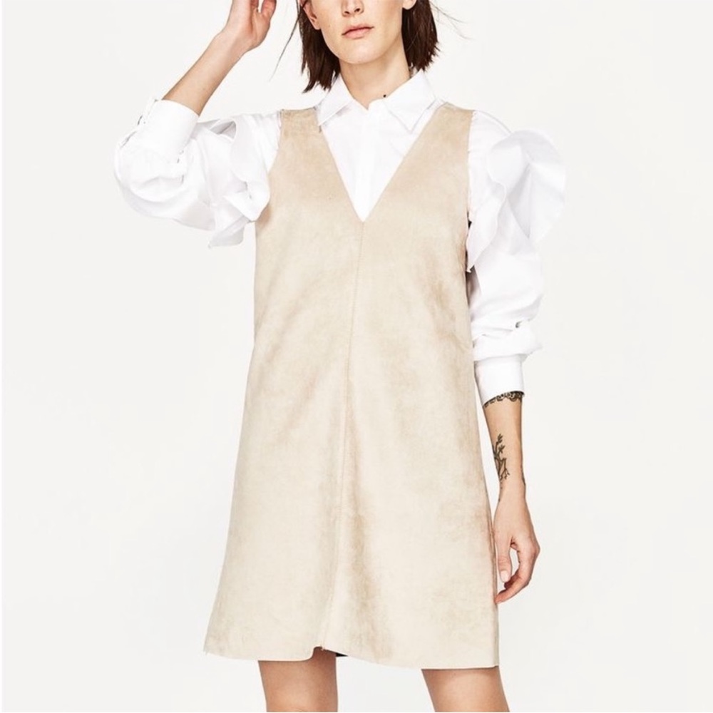 Zara Beige Suede V‑Neck Mini Dress